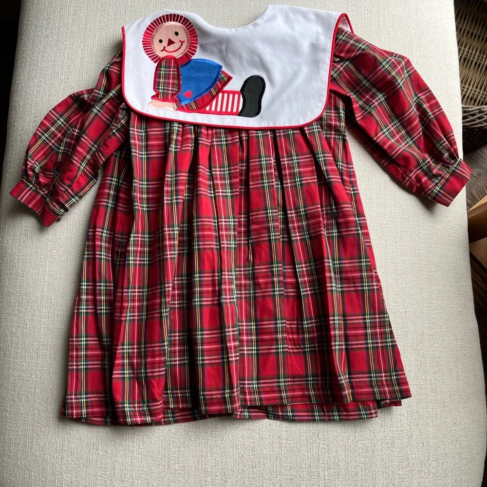 Vintage “Hearts Designs” Red Plaid Dress with Doll Appliqué. 24 months